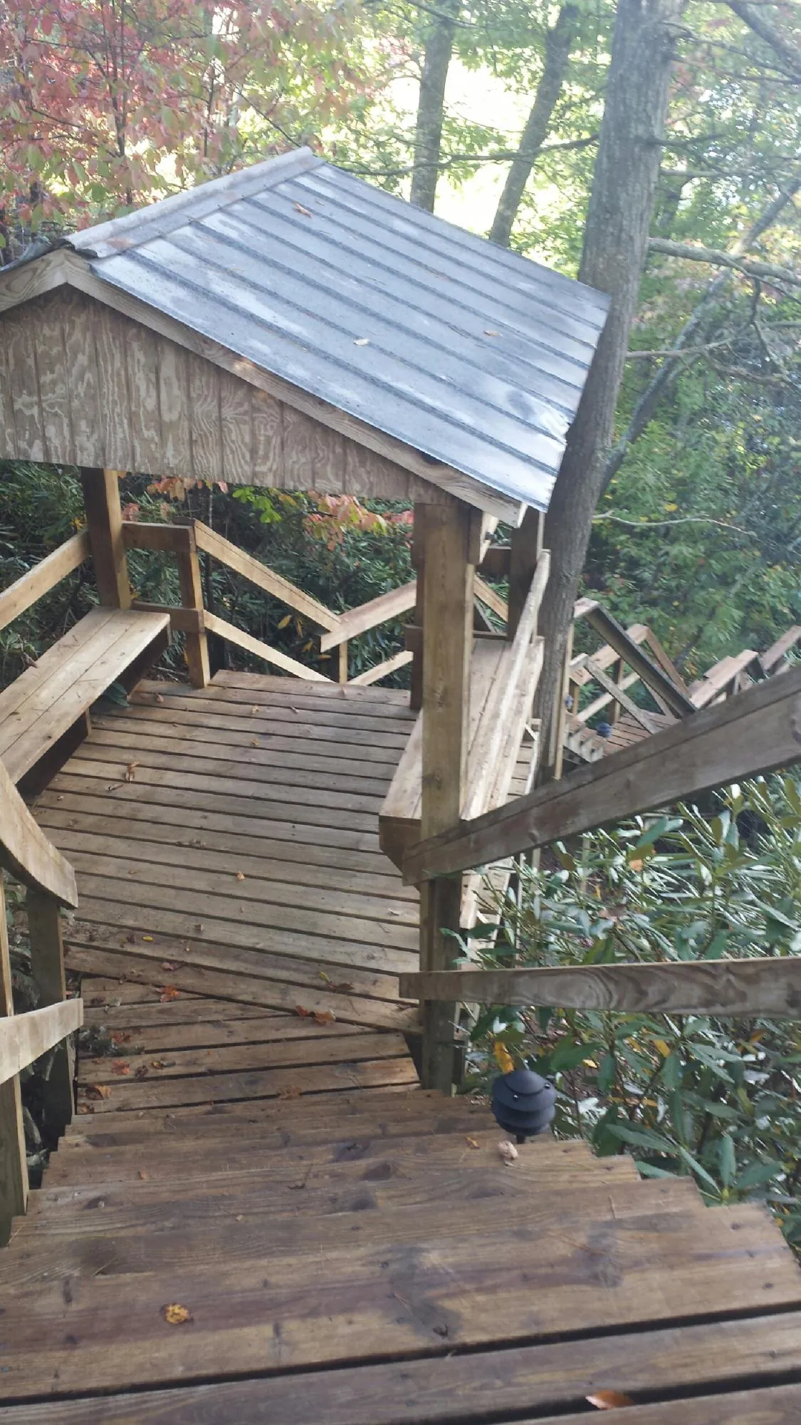 Metal roofed shelter over wooden steps on a wooded walkway — Skylight Repair & Installation work by our crew in Preston Park